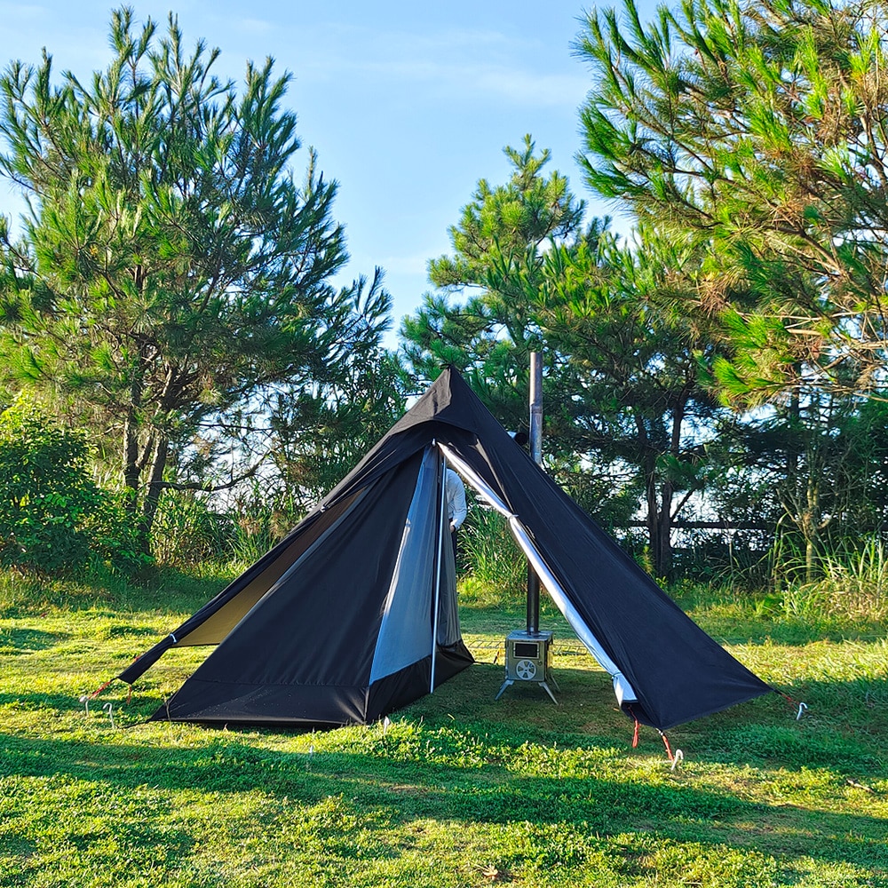 Cheap Goat Tents Ultralight Camping Teepee Tent with Chimney Window Outdoor Tipi Pyramid Tent Double Layer Bushcraft 1 Person Tents Hot Tent   